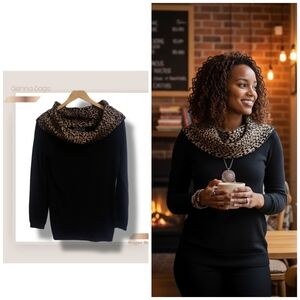 🌿Wild Comfort: Sienna Sage Women's Medium Cowl Neck Leopard Sweater